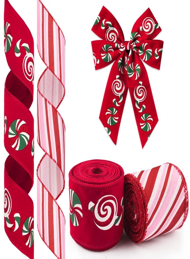 Glodecart 2 Rolls Christmas Ribbon for Wreath Bows Wrapping Gifts, Red Pink Candy Cane Ribbon for Gift Wrapping Party Supplies Decoration DIY Crafts 2.5" X 10 Yard Wired Winter Christmas Wreath Ribbon - Image 1